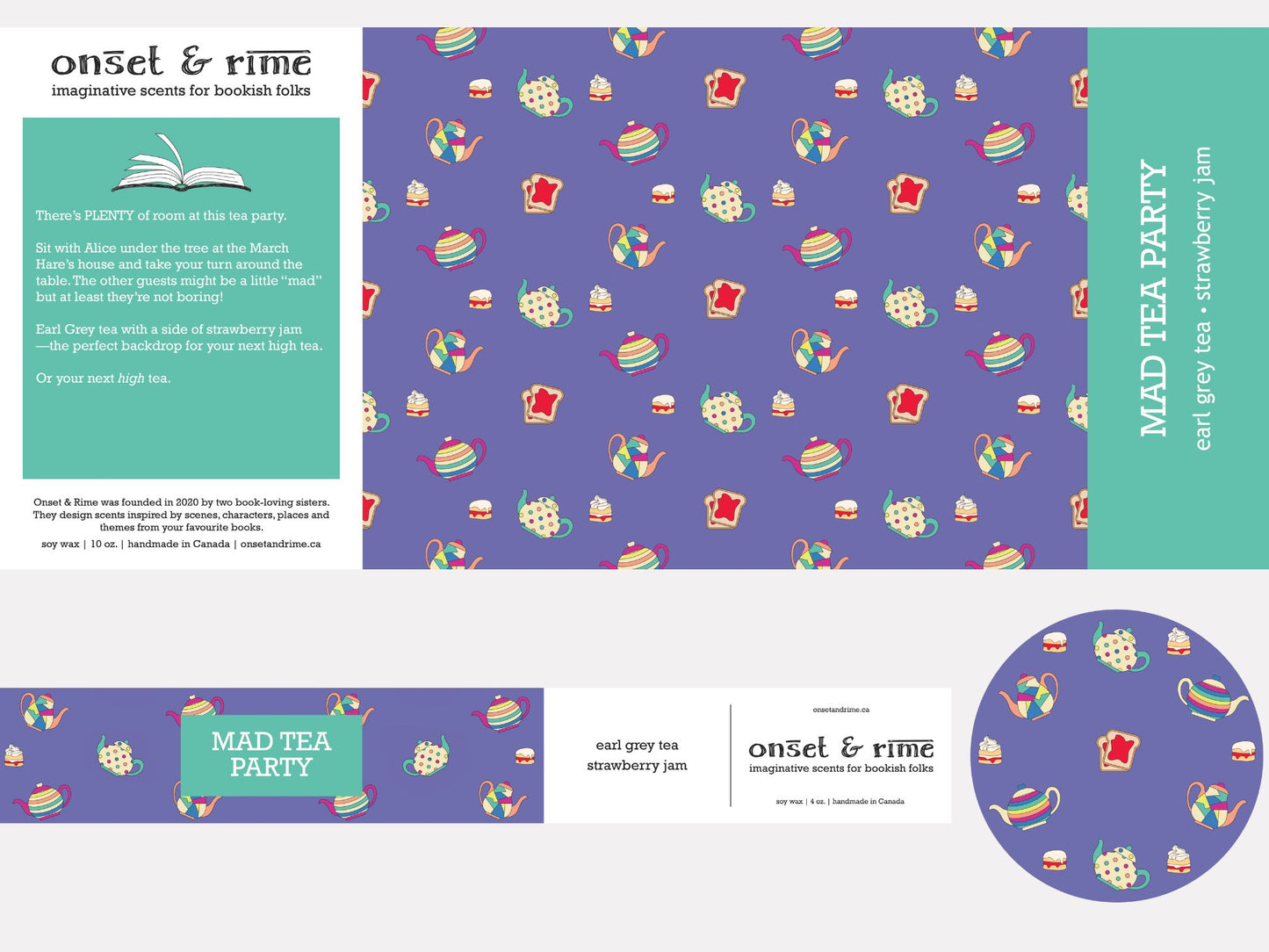 A close up view of the label for the Onset & Rime earl grey tea scented candle called "Mad Tea Party". The label is purple with a pattern of teacups, cakes and toast with strawberry jam. The text on the label is "Mad Tea Party - Earl Grey Tea, Strawberry Jam".