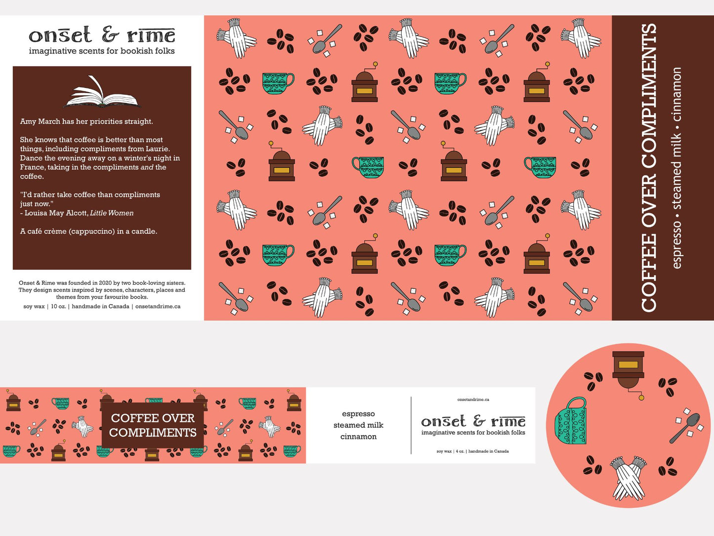 A close up view of the label for the Onset & Rime cappucino scented candle called "Coffee Over Compliments". The label is coral with a pattern of coffee beans, a coffee grinder, white gloves and a spoon with sugar cubes. The text on the label is "Coffee Over Compliments - Espresso, Steamed Milk, Cinnamon".