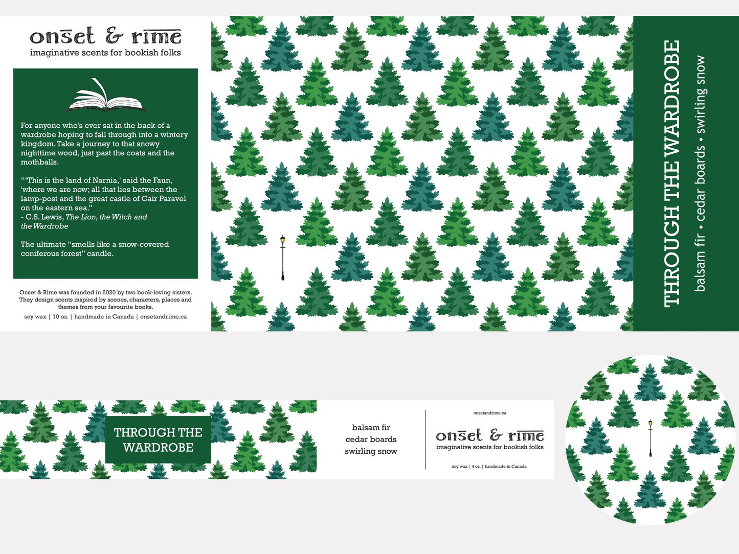 A close up view of the label for the Onset & Rime balsam scented candle called "Through the Wardrobe". The label has a snow-white background with a pattern of green fir trees and a single light post. The text on the label is "Through the Wardrobe - Balsam Fir, Cedar Boards, Swirling Snow".