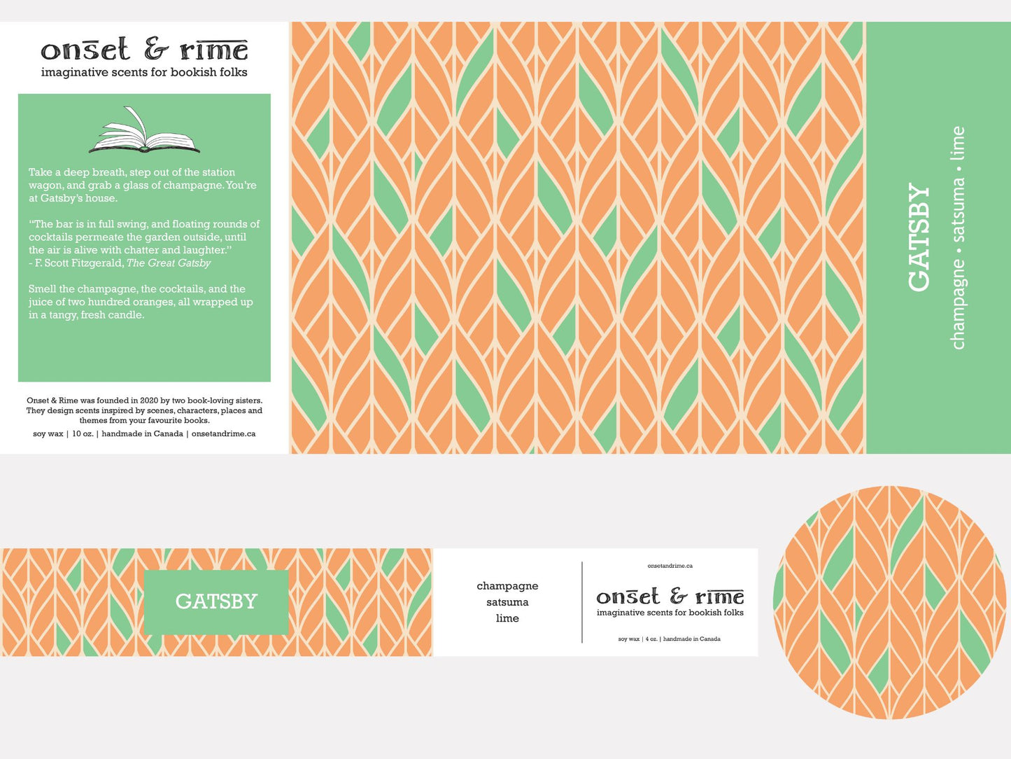 A close up view of the label for the Onset & Rime champagne and satsuma scented candle called "Gatsby". The label is a green and orange art deco pattern. The text on the label is "Gatsby - Champagne, Satsuma, Lime".