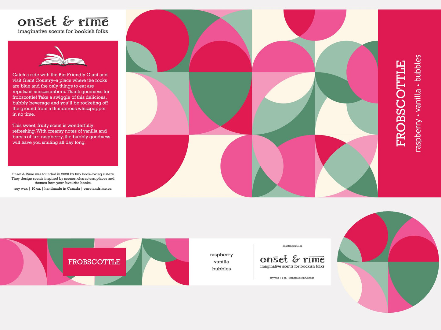 A close up view of the label for the Onset & Rime fruity soda scented candle called "Frobscottle". The label is a geometric pattern of overlapping pink, white and green circles and squares. The text on the label is "Frobscottle - Raspberry, Vanilla, Bubbles".