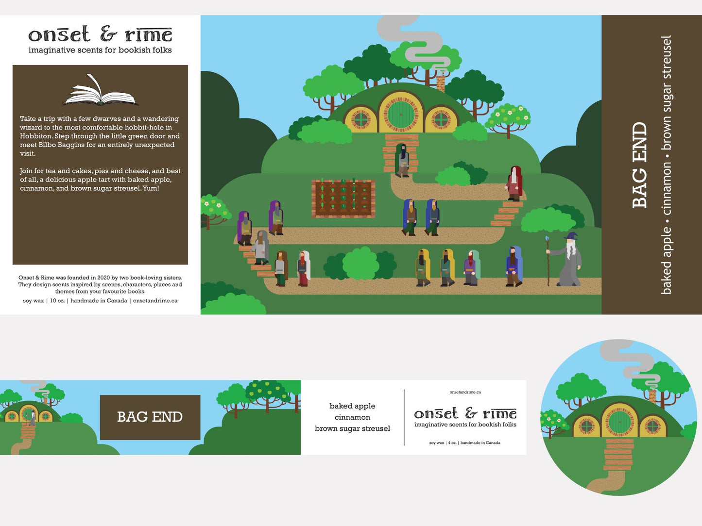 A close up view of the label for the Onset & Rime apple tart scented candle called "Bag End". The label depicts a scene from "The Hobbit" with dwarves and a wizard approaching Bilbo's cottage. The text on the label is "Bag End - Baked Apple, Cinnamon, Brown Sugar Streusel".