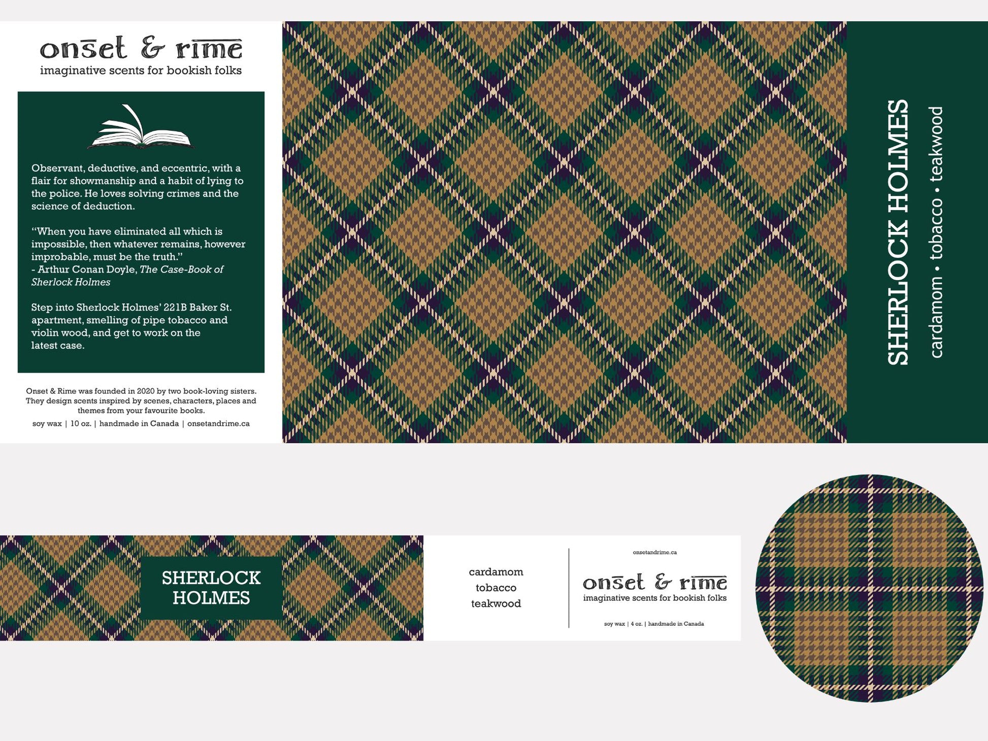 A close up view of the label for the Onset & Rime woody tobacco scented candle called "Sherlock Holmes". The label is a gold and green plaid pattern. The text on the label is "Sherlock Holmes - Cardamom, Tobacco, Teakwood".
