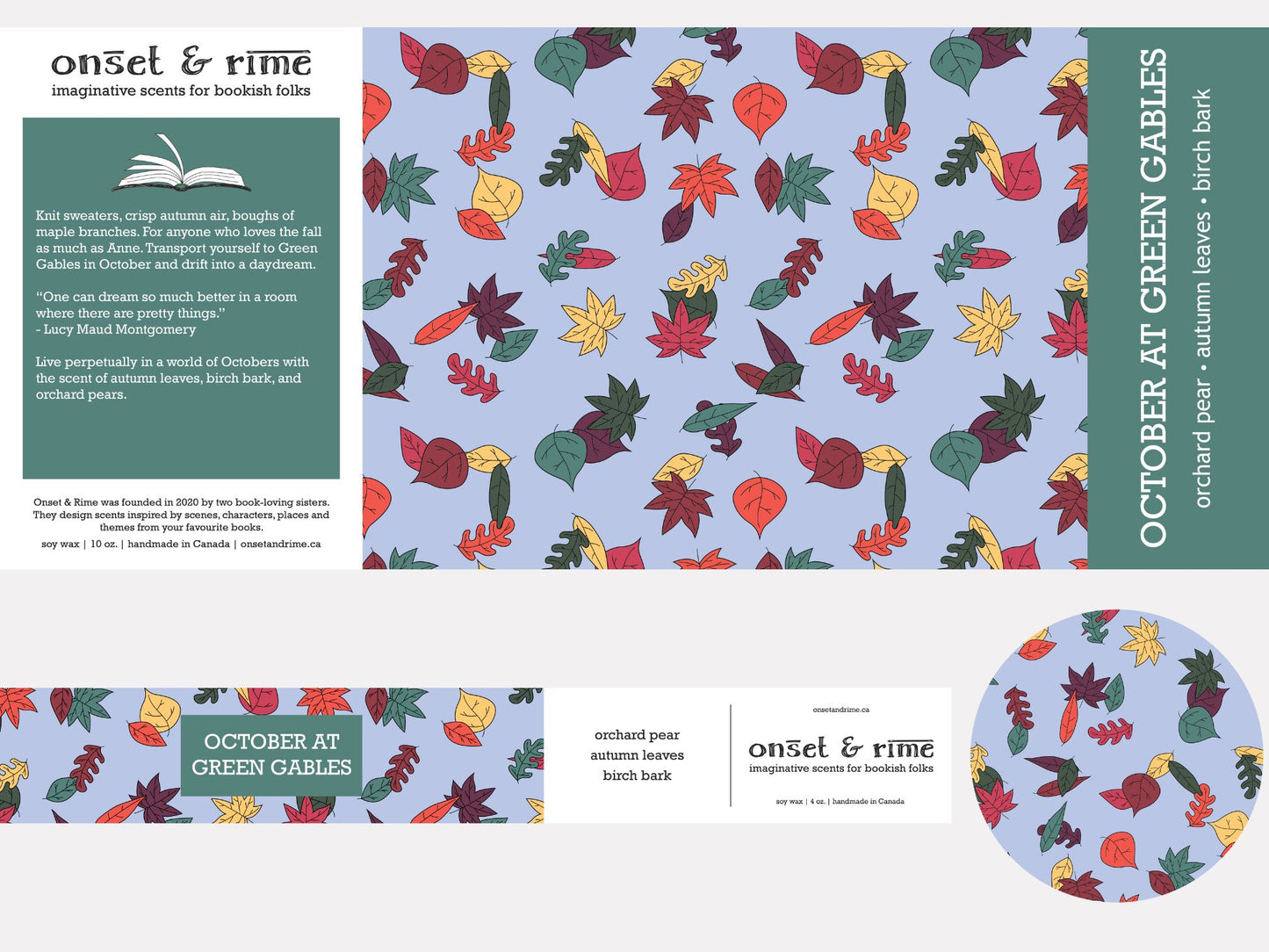 A close up view of the label for the Onset & Rime pear scented candle called "October at Green Gables". The label is sky blue with a variety of autumn coloured leaves. The text on the label is "October at Green Gables - Orchard Pear, Autumn Leaves, Birch Bark".