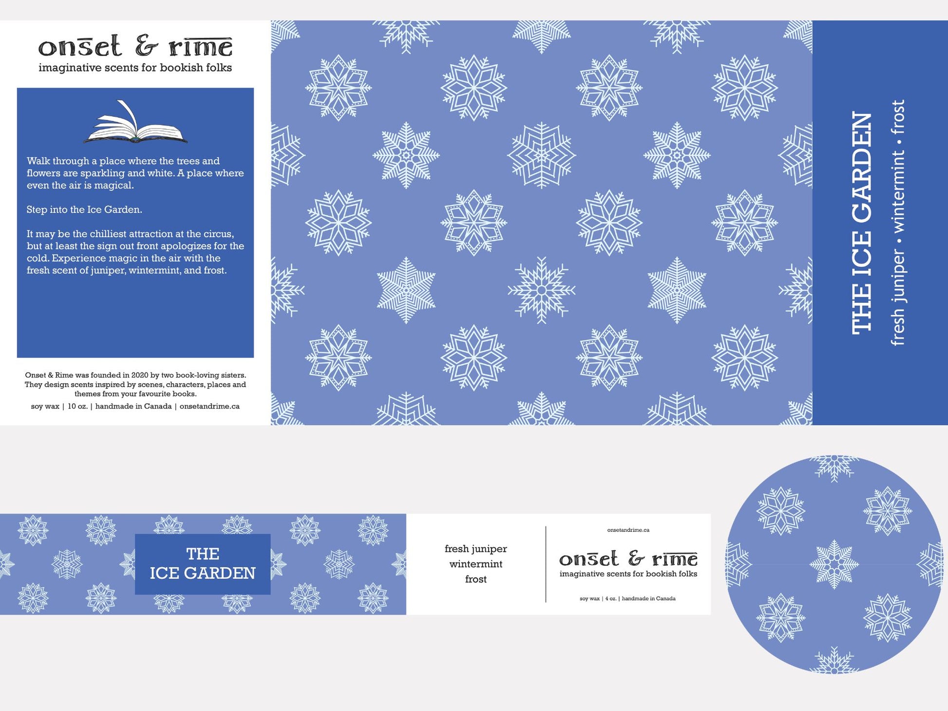 A close up view of the label for the Onset & Rime juniper and mint scented candle called "The Ice Garden". The label is blue with a pattern of lighter blue snowflakes. The text on the label is "The Ice Garden - Fresh Juniper, Wintermint, Frost".