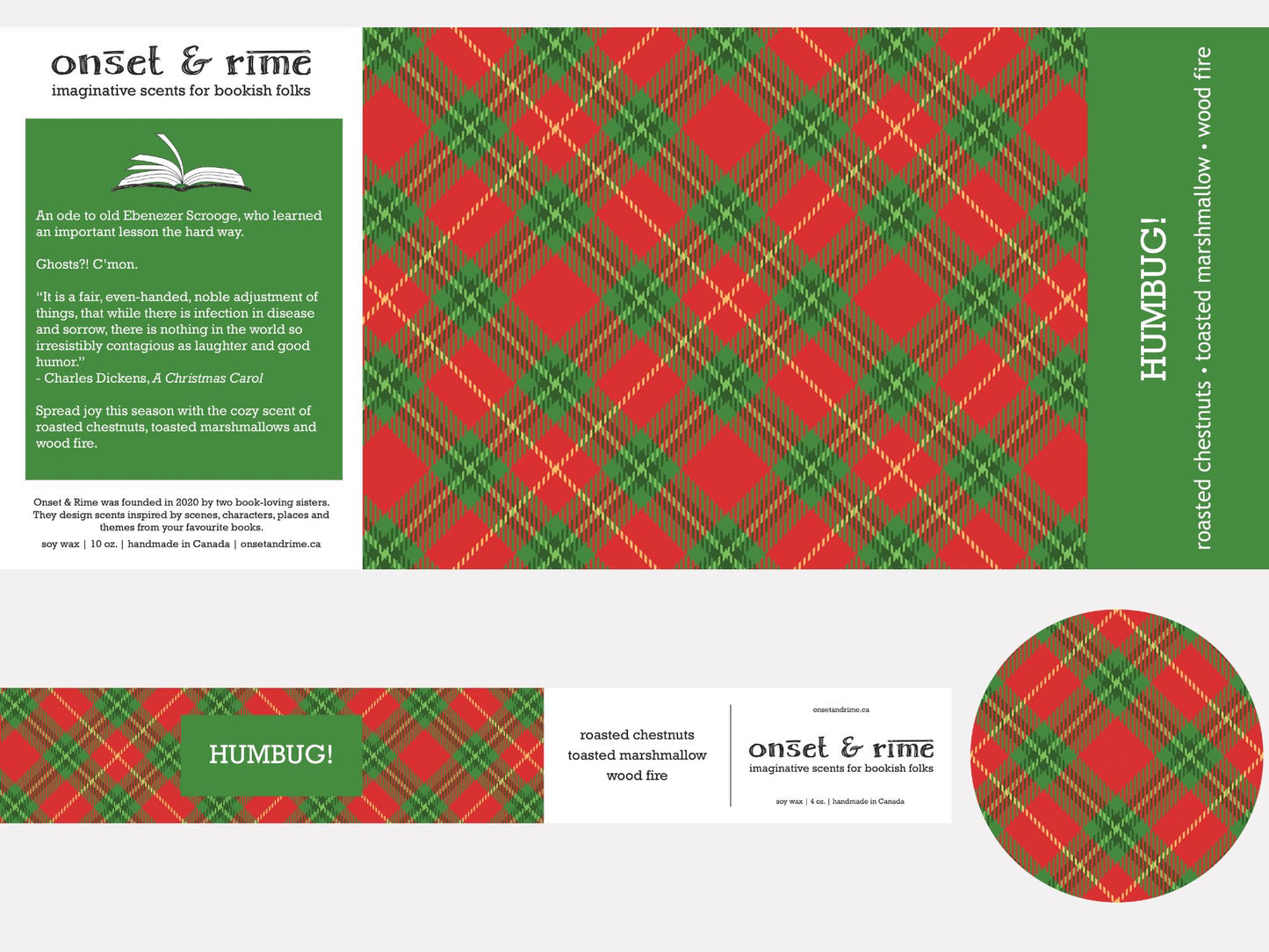 A close up view of the label for the Onset & Rime sweet, smoky scented candle called "Humbug!". The label is a red and green plaid pattern. The text on the label is "Humbug! - Roasted Chestnuts, Toasted Marshmallow, Wood Fire".