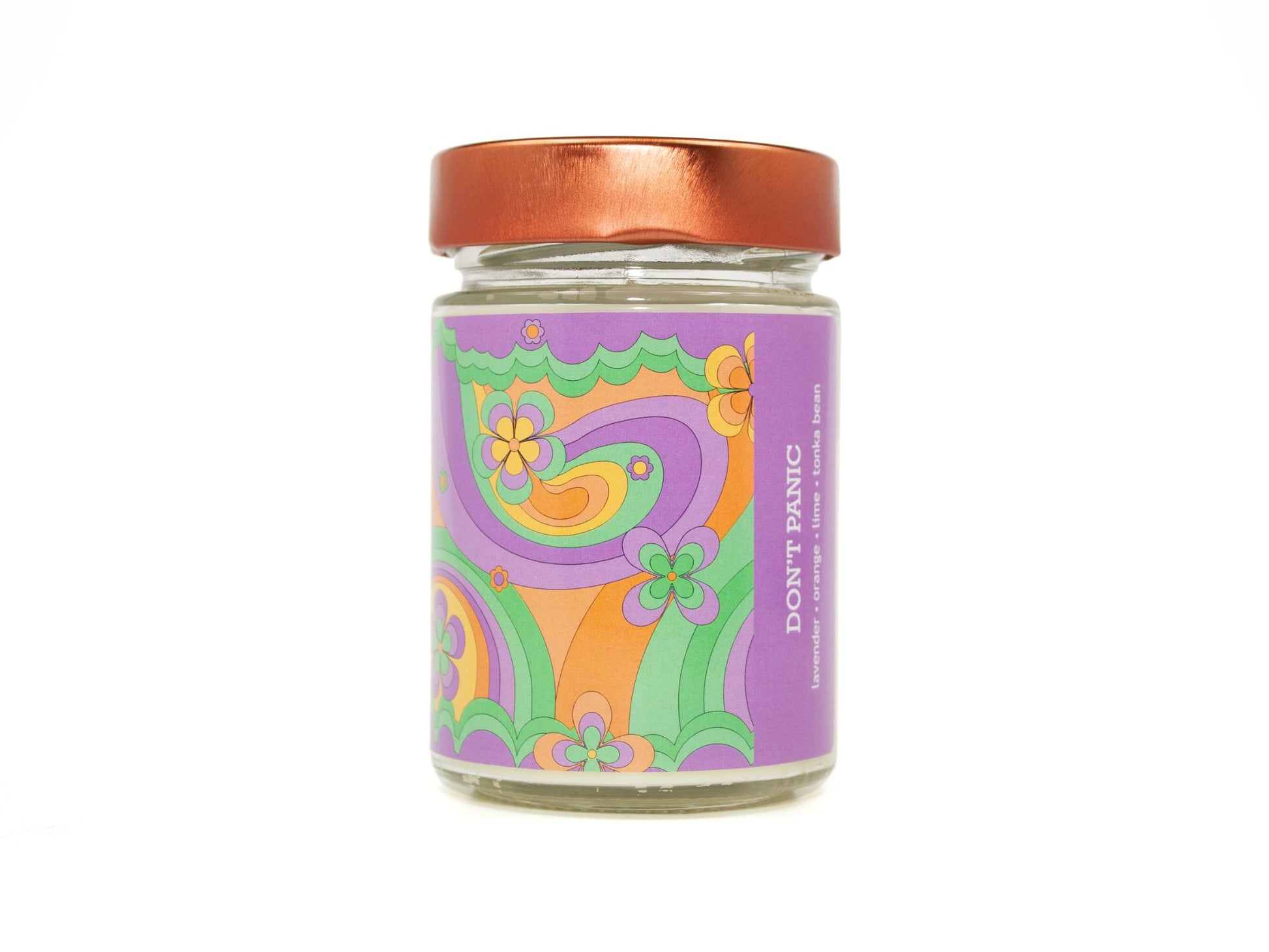 Onset & Rime relaxing lavendar scented candle called "Don't Panic" in a 10 oz glass jar with copper lid. The label is a wavy psychedelic pattern with purple, green and orange flowers. The text on the label is "Don't Panic - Lavender, Orange, Lime, Tonka Bean".