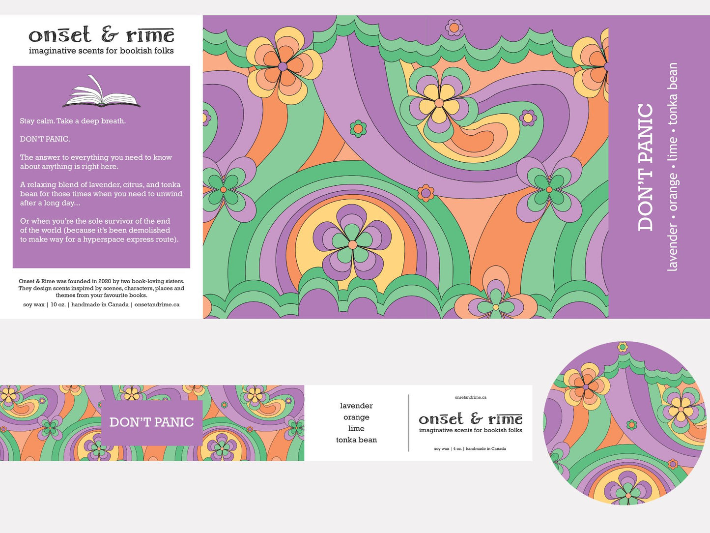 A close up view of the label for the Onset & Rime relaxing lavendar scented candle called "Don't Panic". The label is a wavy psychedelic pattern with purple, green and orange flowers. The text on the label is "Don't Panic - Lavender, Orange, Lime, Tonka Bean".