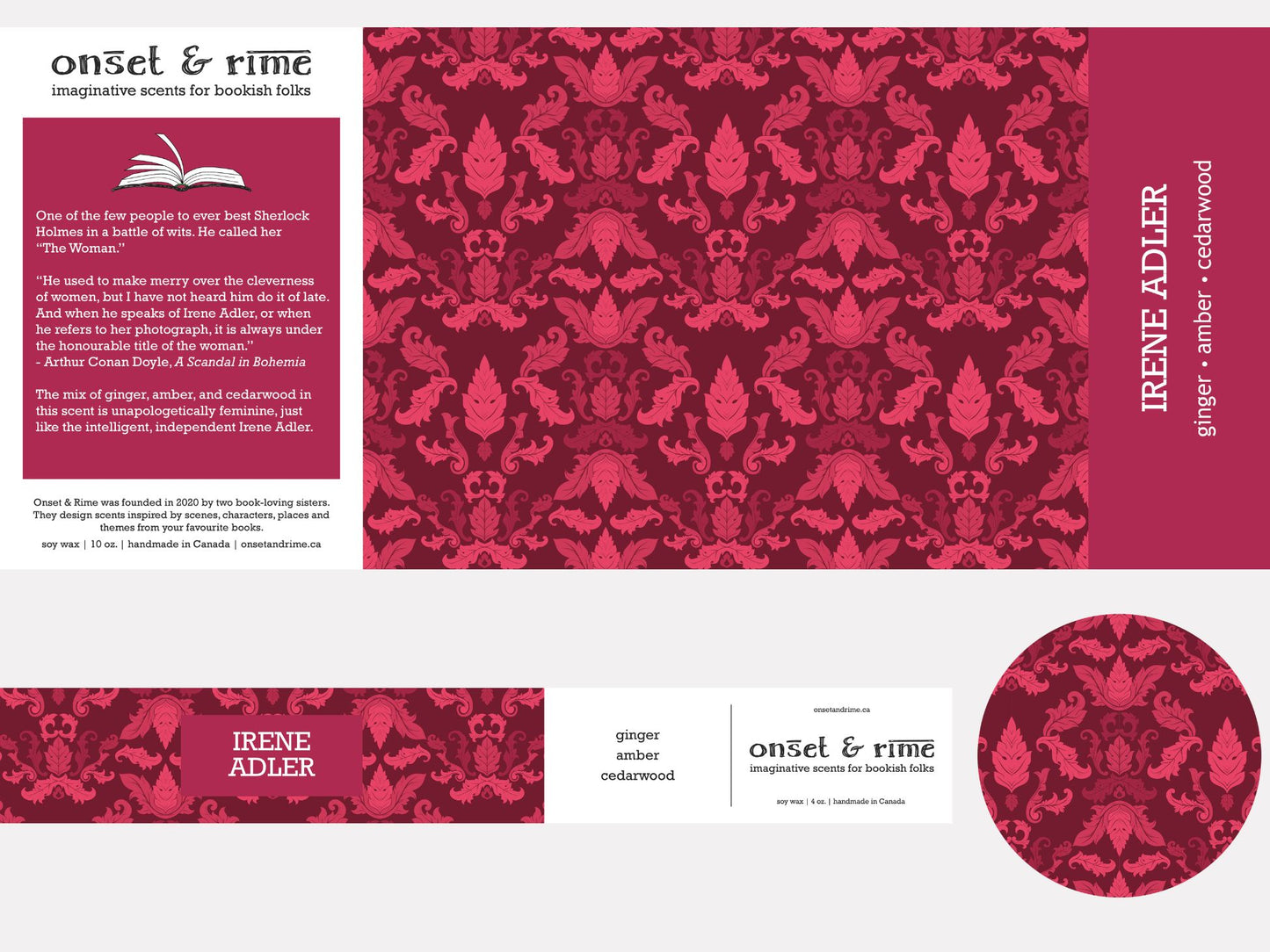 A close up view of the label for the Onset & Rime ginger and amber scented candle called "Irene Adler". The label is a deep red Victorian pattern. The text on the label is "Irene Adler - Ginger, Amber, Cedarwood".