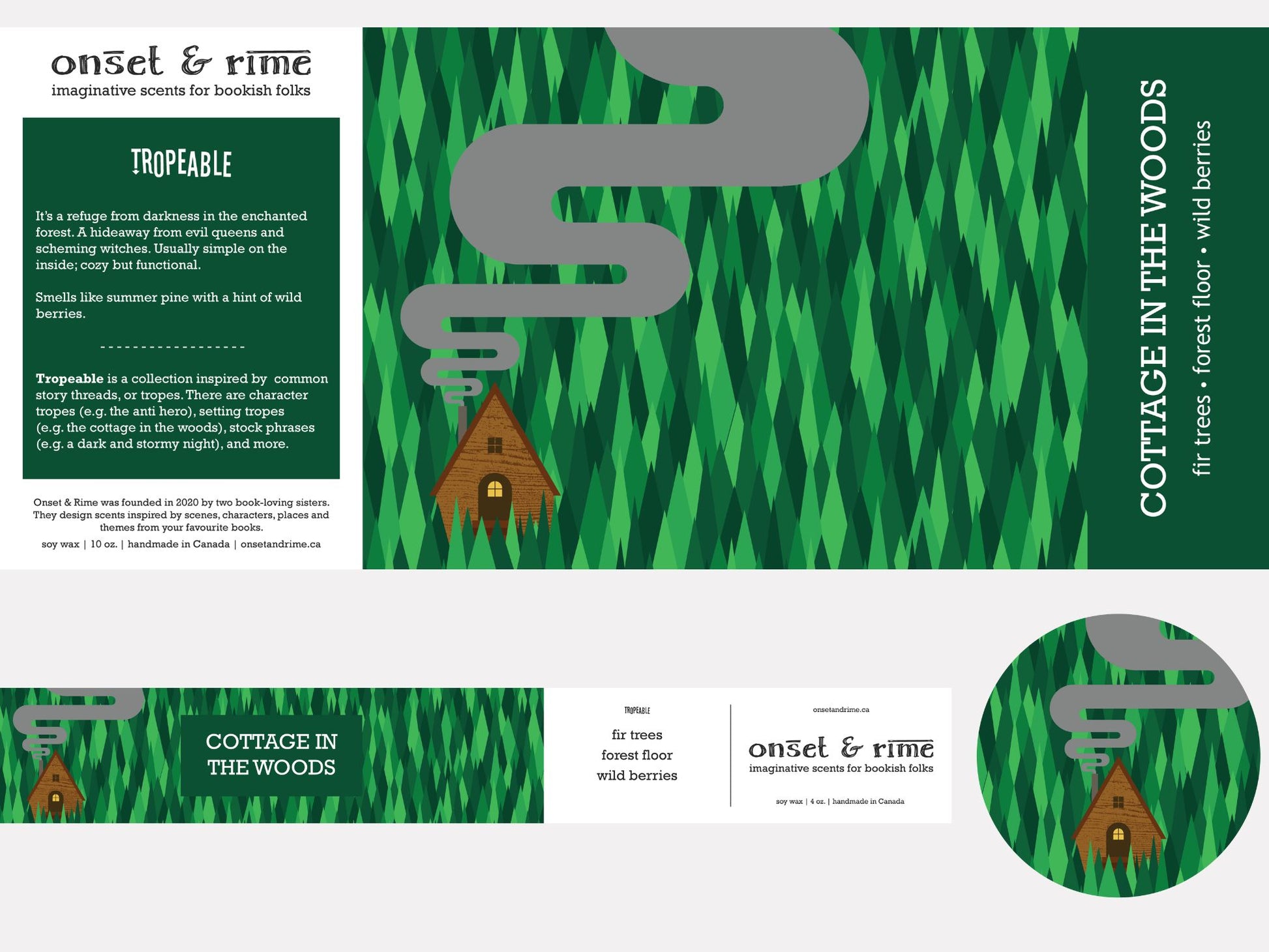 A close up view of the label for the Onset & Rime pine and berries scented candle called "Cottage in the Woods". The label depicts a green pine forest and a small cottage with smoke rising from the chimney. The text on the label is "Cottage in the Woods - Fir Trees, Forest Floor, Wild Berries".