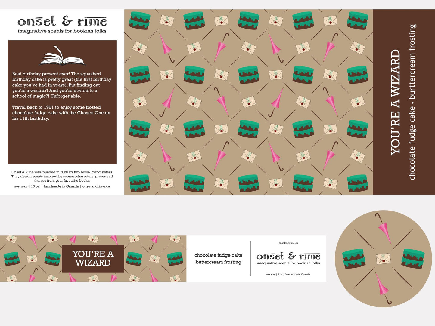 A close up view of the label for the Onset & Rime chocolate cake scented candle called "You're a Wizard". The label is light brown with a pattern of pink umbrellas, white envelopes, and chocolate cakes with green icing. The text on the label is "You're a Wizard - Chocolate Fudge Cake, Buttercream Frosting".