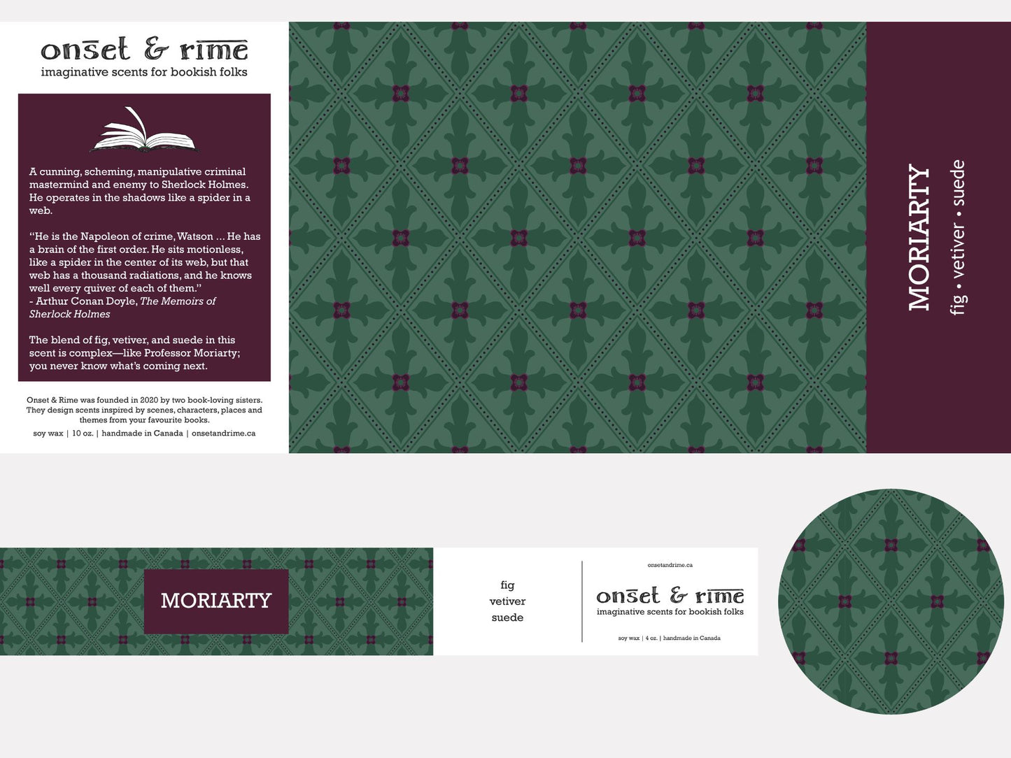 A close up view of the label for the Onset & Rime fig and vetiver scented candle called "Moriarty". The label is a deep green gothic-style pattern. The text on the label is "Moriarty - Fig, Vetiver, Suede".