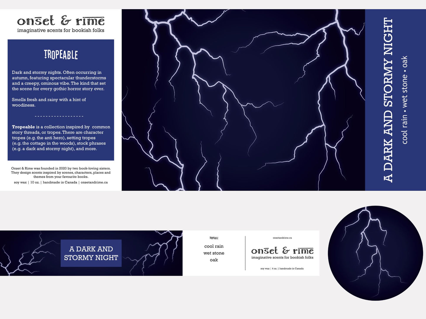 A close up view of the label for the Onset & Rime rain scented candle called "A Dark and Stormy Night". The label is dark blue with white lightning bolts. The text on the label is "A Dark and Stormy Night - Cool Rain, Wet Stone, Oak".
