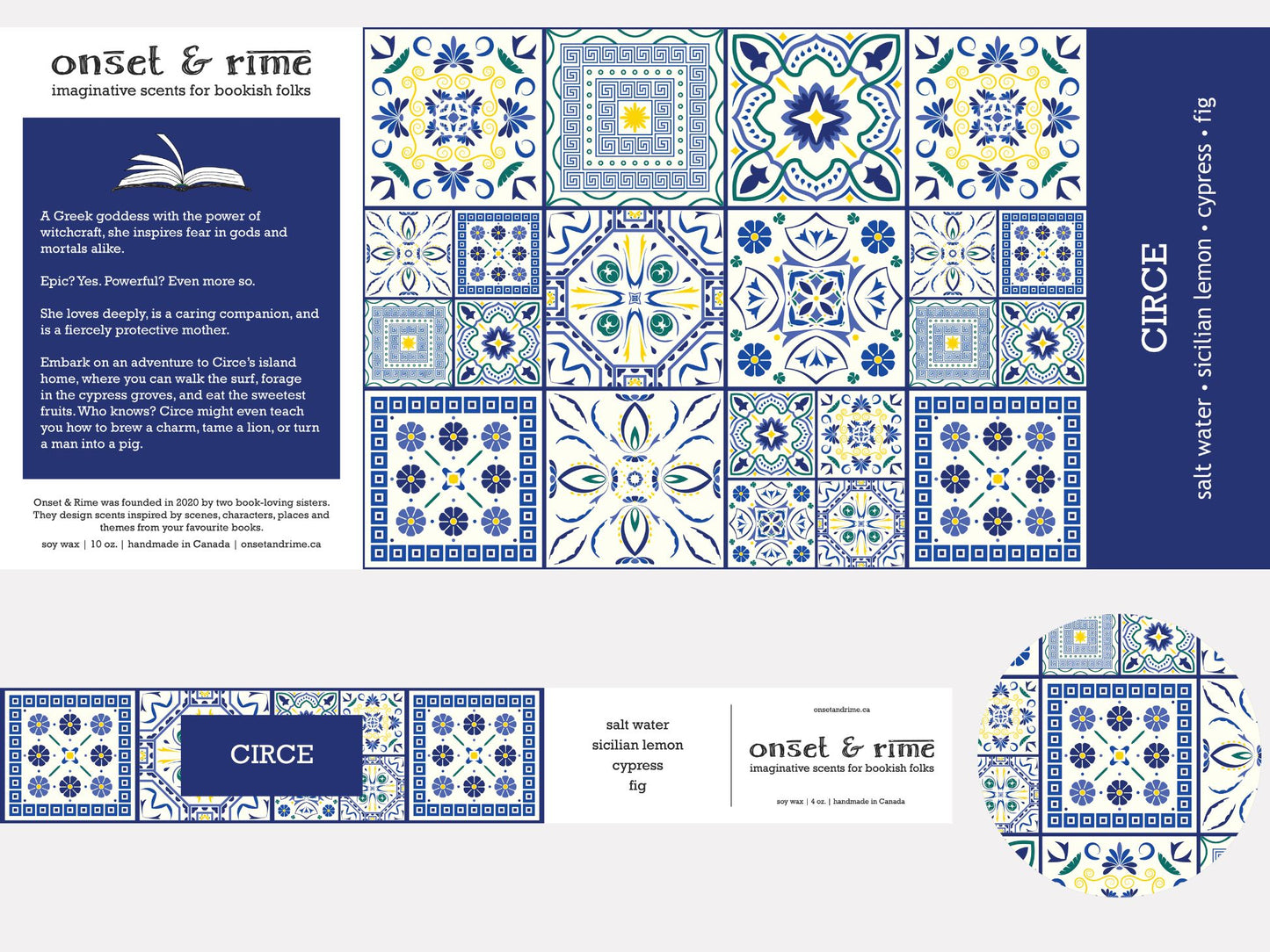 A close up view of the label for the Onset & Rime lemon, cypress scented candle called "Circe". The label is white with a dark blue Greek tile pattern. The text on the label is "Circe - Salt Water, Sicilian Lemon, Cypress, Fig".