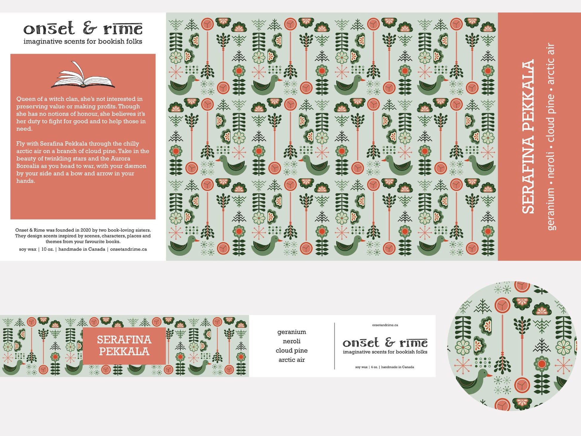 A close up view of the label for the Onset & Rime floral pine scented candle called "Serafina Pekkala". The label is pale green with a pattern of pine branches, compasses, a goose and more arctic symbols. The text on the label is "Serafina Pekkala - Geranium, Neroli, Cloud Pine, Arctic Air".
