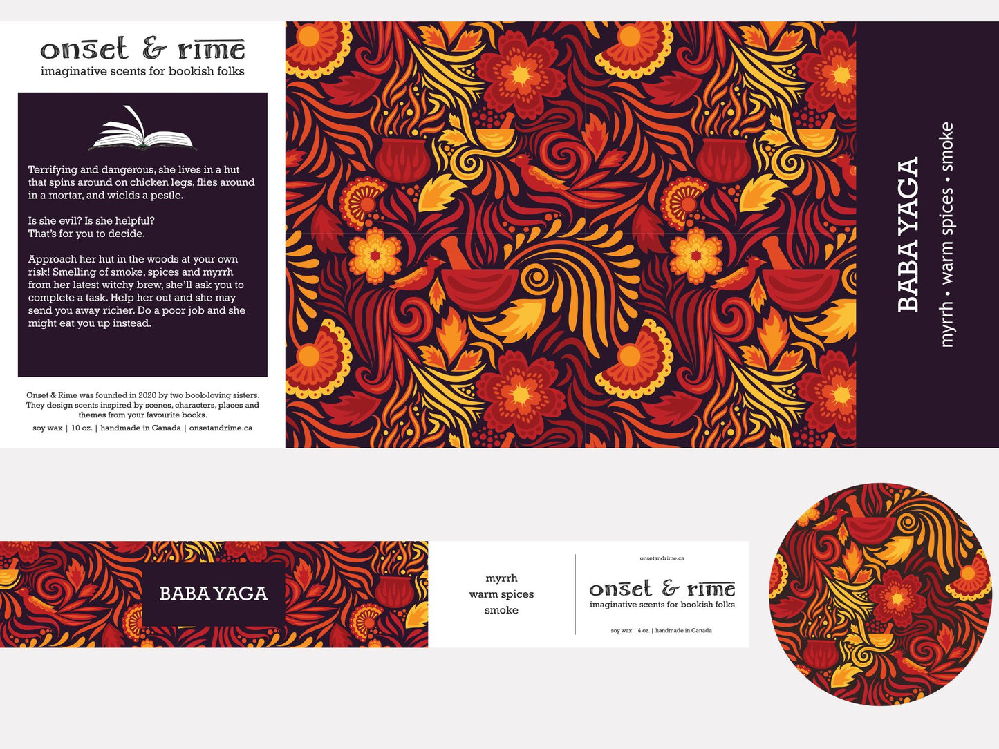 A close up view of the label for the Onset & Rime spiced smoke scented candle called "Baba Yaga". The label is purple-black with a bright red pattern of flames, swirls and flowers. The text on the label is "Baba Yaga - Myrrh, Warm Spices, Smoke".