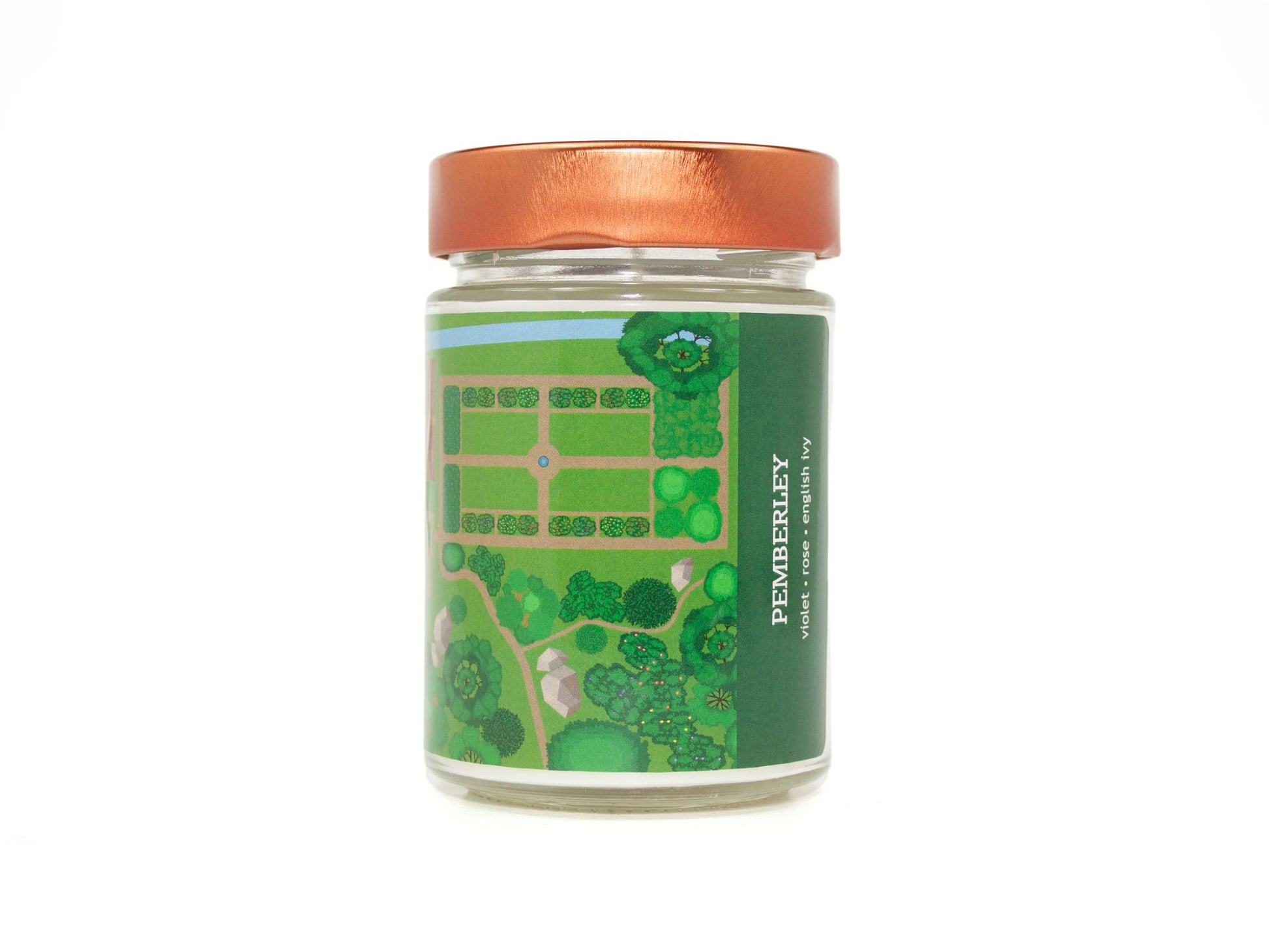 Onset & Rime English garden scented candle called "Pemberley" in a 10 oz glass jar with copper lid. The label depicts a top-down view of Pemberley estates showing the garden and river. The text on the label is "Pemberley - Violet, Rose, English Ivy".