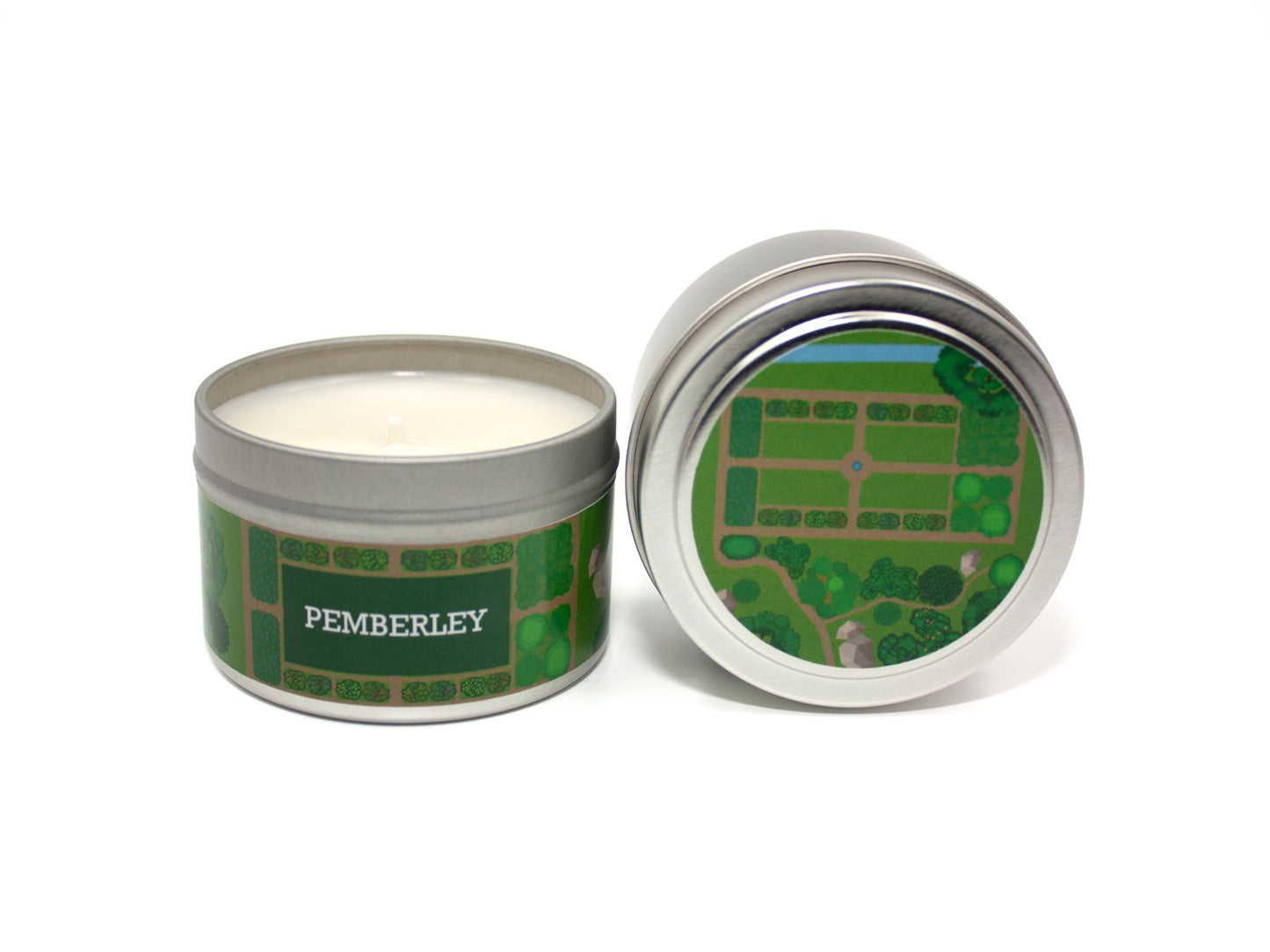 Onset & Rime English garden scented candle called "Pemberley" in a 4 oz silver tin. The circular label on top depicts a top-down view of Pemberley estates showing the garden and river. The text on the front label is "Pemberley - Violet, Rose, English Ivy".