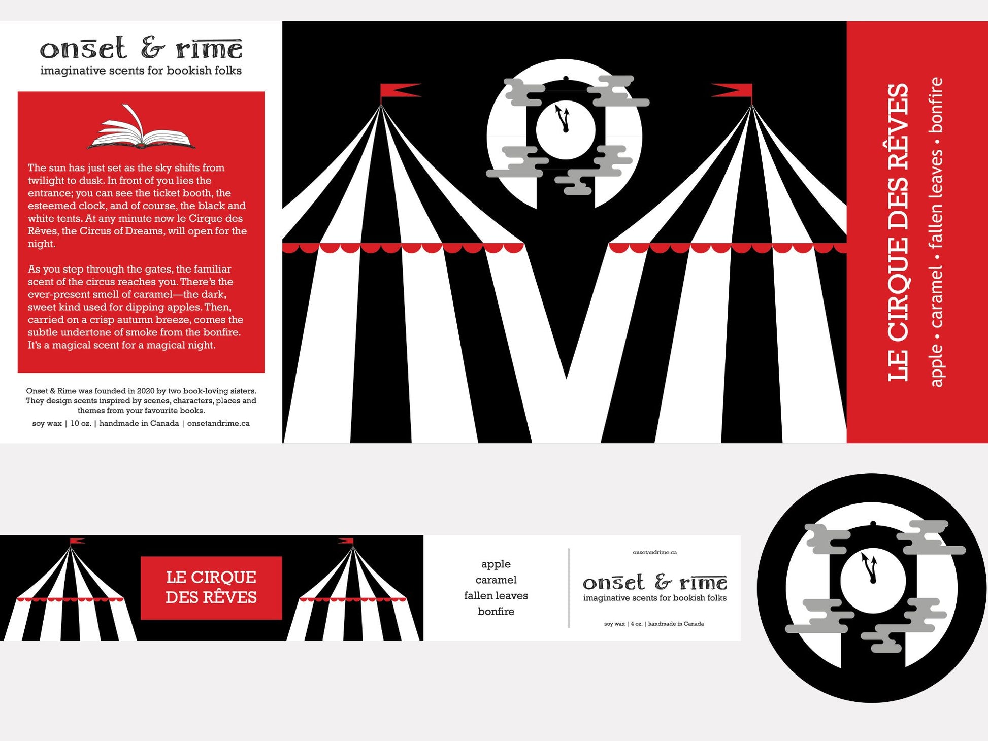 A close up view of the label for the Onset & Rime caramel apple and fall air scented candle called "Le Cirque des Rêves". The label has a black background with black and white circus tents and a clock in front of a full moon. The text on the label is "Le Cirque des Rêves - Apple, Caramel, Fallen Leaves, Bonfire".