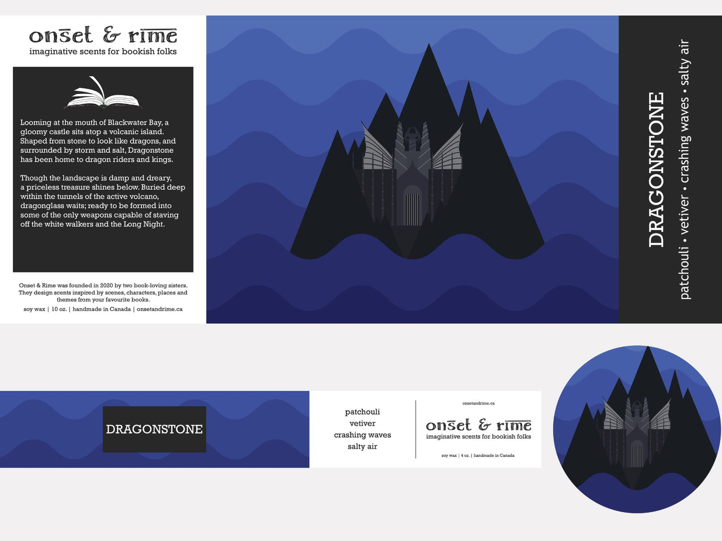 A close up view of the label for the Onset & Rime chilly island scented candle called "Dragonstone". The label has blue waves in the background with a volcanic island and castle. The text on the label is "Dragonstone - Patchouli, Vetiver, Crashing Waves, Salty Air".