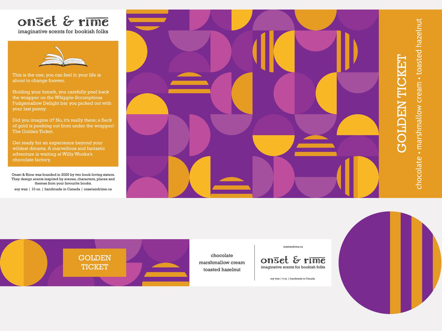 A close up view of the label for the Onset & Rime chocolate bar scented candle called "Golden Ticket". The label is a geometric pattern of purple and gold half circles. The text on the label is "Golden Ticket - Chocolate, Marshmallow Cream, Toasted Hazelnut".