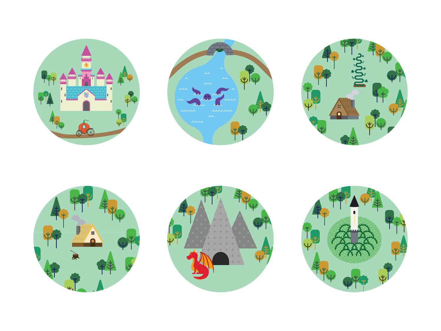 All six label options for the 4 oz tins. Featuring individual elements from the main fairy tale map on the larger 10 oz candle label. The options include: a castle with a pumpkin carriage, a lake with a tentacled monster and troll bridge, a cottage in the woods with a tall beanstalk behind it, a cottage in the woods next to a tree stump with an axe, mountains and a cave with a red dragon in front, and a tower with a single window surrounded by a thorn patch.